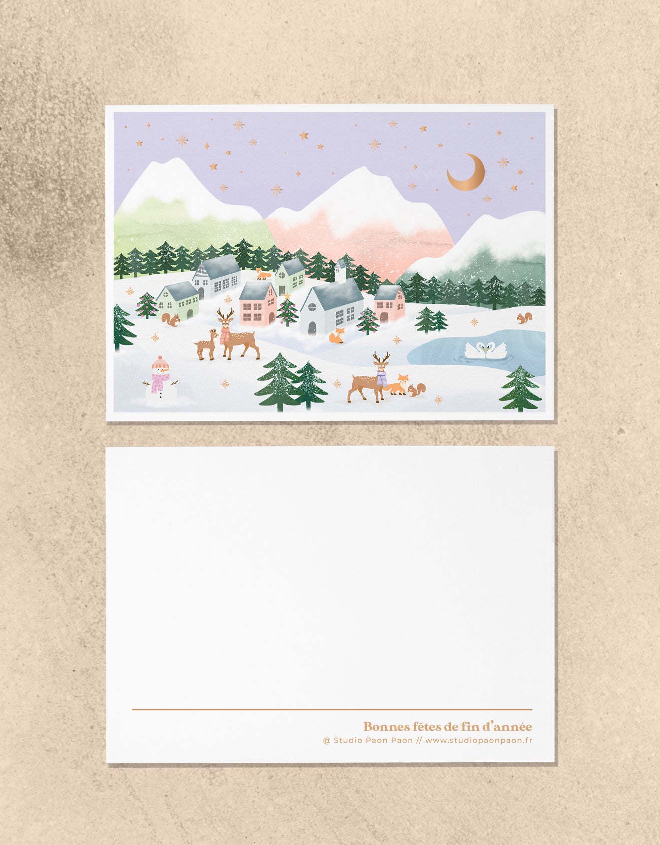 Carte de voeux avec dorure • Illustration "Snowy Village"