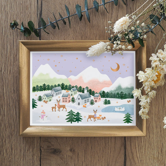 Carte de voeux avec dorure • Illustration "Snowy Village"